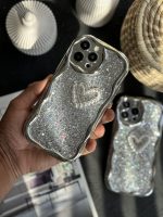 قاب موبایل آیفون پولکی نقره ای قلب مروارید برجسته - تصویر 6