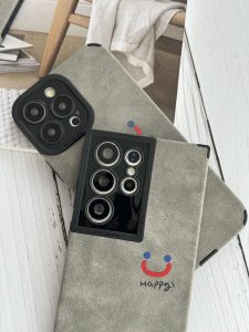 قاب موبایل آیفون چرم و جیر طوسی اسمایل محافظ لنزدار - تصویر 4